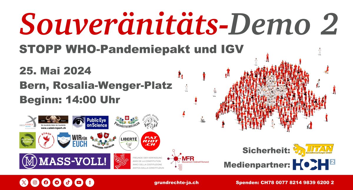 ⚠️ Einladung: 25. Mai | Souveränitäts-Demo! 🇨🇭Die Schweiz erhebt sich gegen den WHO-Pandemiepakt und die IGV. Für die Souveränität stehen alle zusammen: Kommt nach Bern und teilt diesen Ankündigungsflyer überall! 🤝🏻 #souveränitätsinitiative