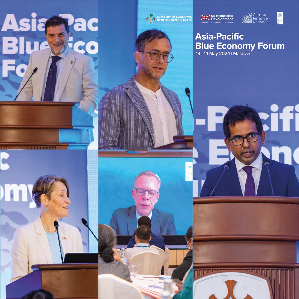 The opening ceremony of the 1st Asia-Pacific Blue Economy Forum being hosted in the Maldives was addressed by @enrico_gaveglia - @UNDPMaldives, @BBusetto - @UNMaldives, @GerdTrogemann - @UNDPasiapac, @caron_rohsler - @UKinMaldives | @FCDOGovUK and @em_saeed - @MoEDmv @CFN_UNDP