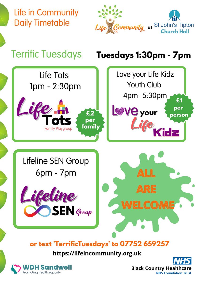 #Tiptonaywe #PrincesEnd Join us 4 our #TerrificTuesday session starting with our Life #Tots #Family #playgroup this afternoon at 1pm. We also have our #kidzclub & the gr8 parent-led #Lifeline #SENGroup @healthysandwell @BlackCountryNHS @asdatipton @DarrylMagher