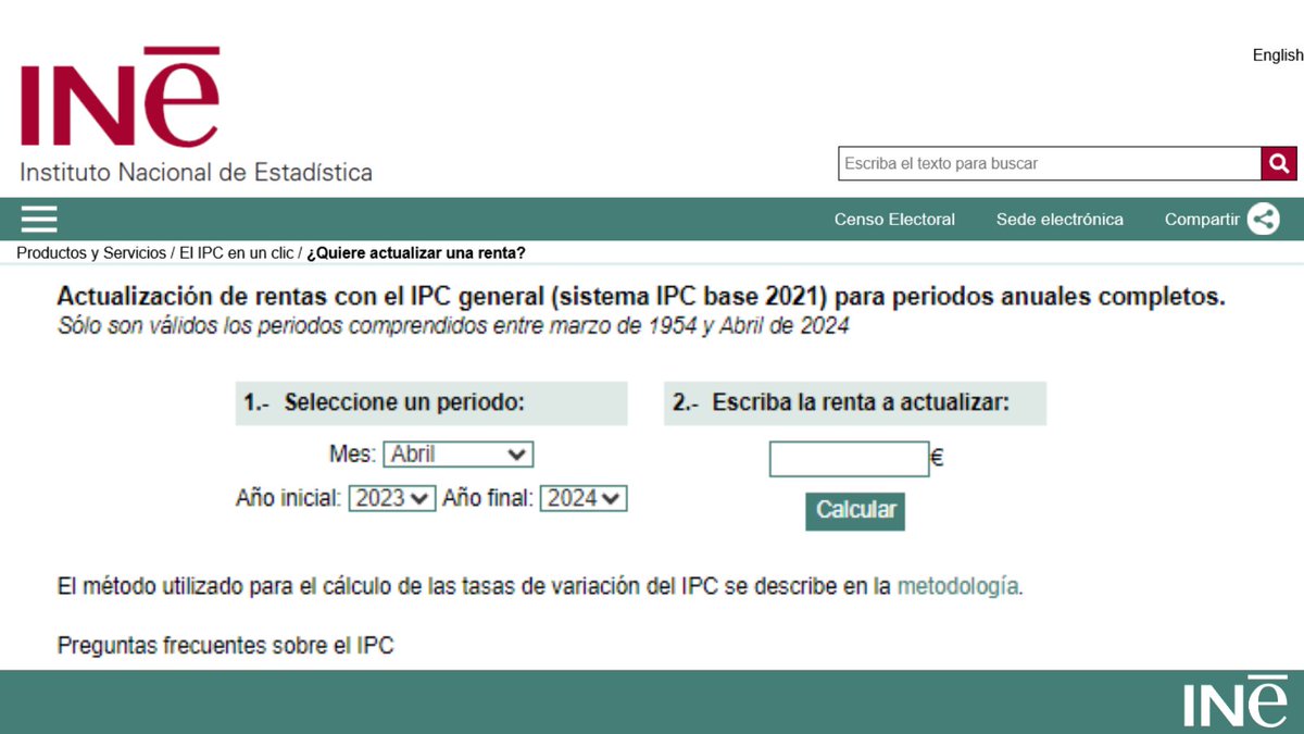 Hoy el @es_INE ha publicado los datos del #IPC correspondientes a abril de 2024 ¿Necesitas actualizar una renta anual con el #IPC? 📈Con esta herramienta es más fácil: ine.es/calcula/ Puedes acceder a la información relativa al IPC en: 👇 ine.es/ipc #INE