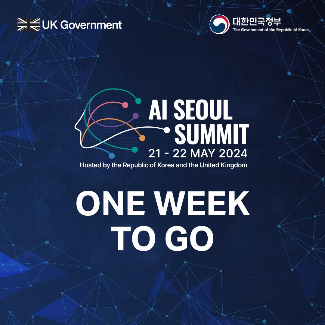 There is just one week to go until the #AISeoulSummit! The Summit will be a key moment for countries and companies to discuss: 🛡️ strengthening AI safety 💡 fostering innovation 🌍 sharing the benefits of AI equally gov.uk/government/top…