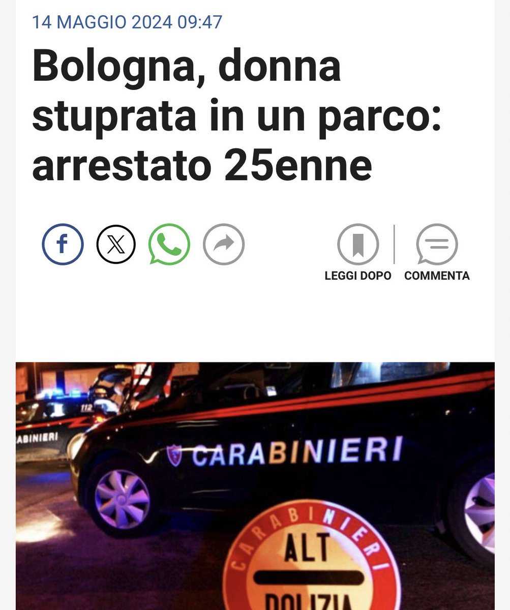 Bologna, immigrato africano aggredisce e violenta una donna. 

I Carabinieri arrivano sul posto e lo trovano mentre si sta rivestendo. Arrestato per violenza sessuale e tentata rapina.

Solito silenzio stampa delle femministe rosse.