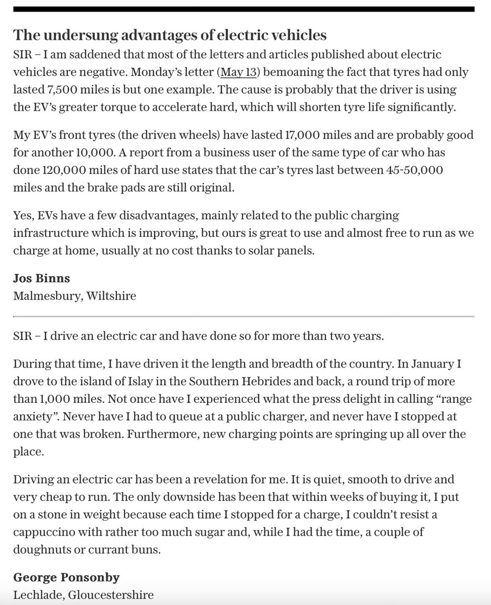 The @telegraph is probably the most negative of the mainstream media in its coverages of EVs So it’s great to see these letters from its readers, who clearly aren’t buying the misinformation they’re selling