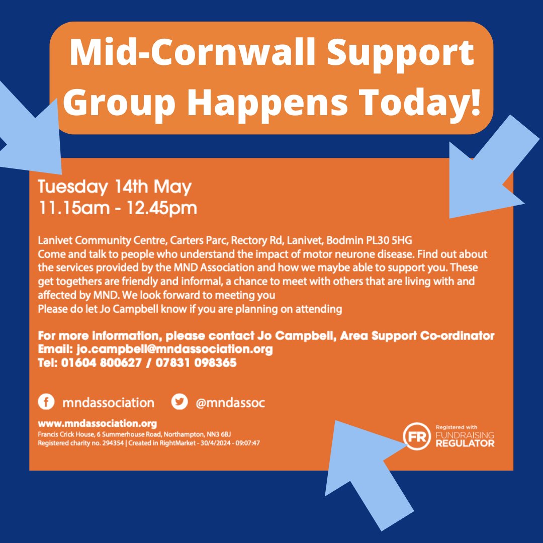 MNDAPeninsula's tweet photo. REMINDER
The new Mid Cornwall Support Group is today π€
Taking place in Bodmin at 11:15am, we hope to see you there!
#supportgroup #cornwall #mnd #mndsupport https://t.co/owljhTl5gU