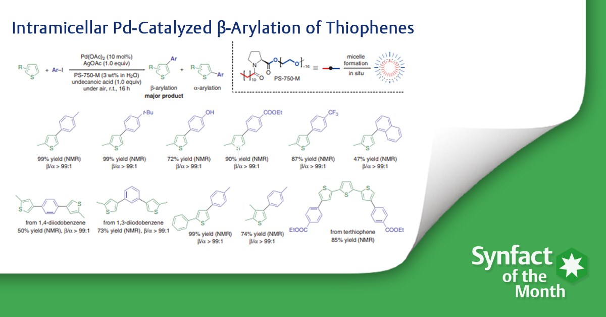 ❇️ In this Synfact of the month Yasuhiro Uozumi and Shintaro Okumura highlighted the ‘Intramicellar Pd-Catalyzed β-Arylation of Thiophenes’ by Gallou F, Wencel-Delord J and co-workers from Université de Strasbourg and Novartis Pharma AG (@Novartis)🧐 👉 brnw.ch/21wJKDI