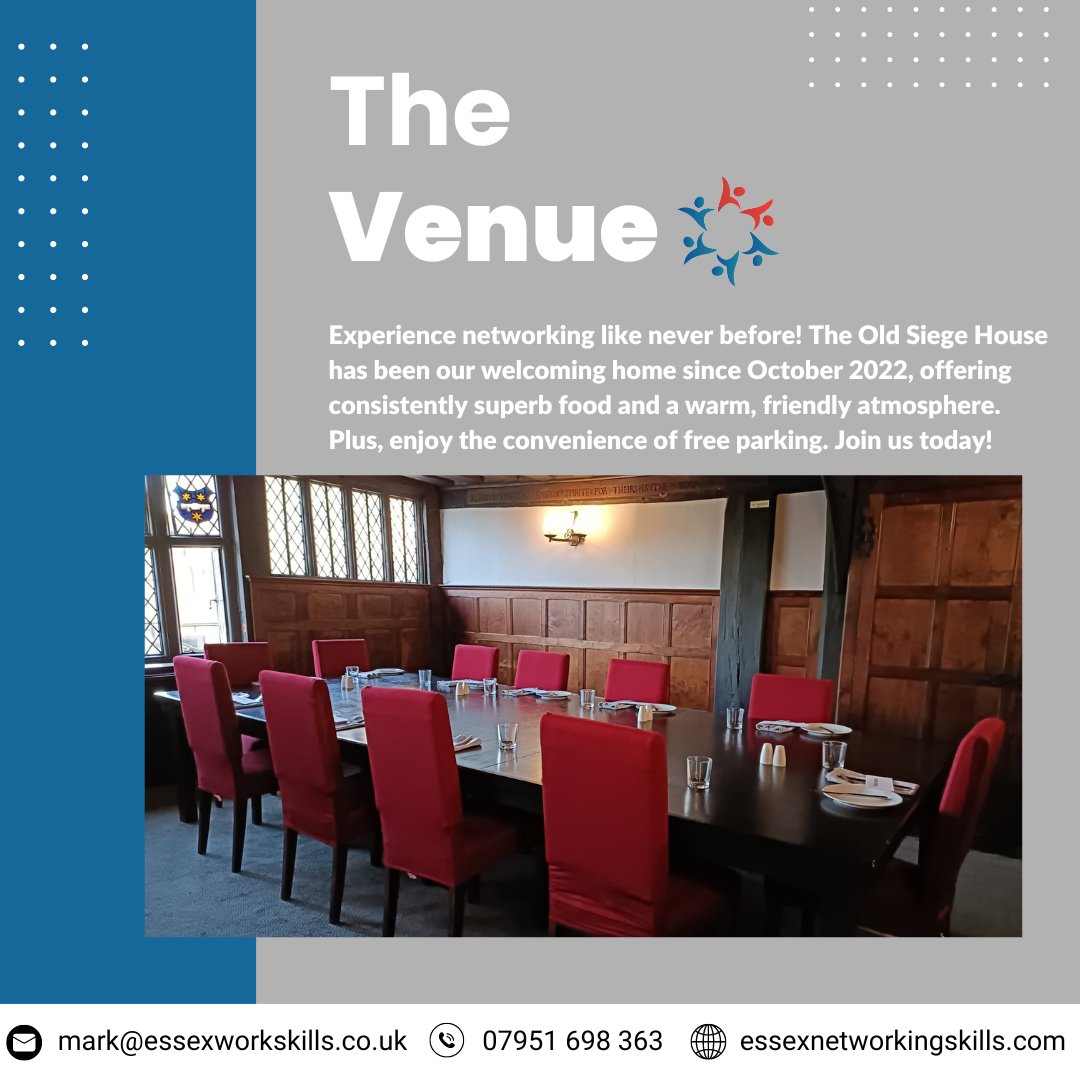 We hold meetings at The Old Siege House, offering consistently superb food and a warm, friendly atmosphere.

essexnetworkingskills.com
mark@essexworkskills.co.uk
07951698363

#Network #Essexnetworkingskills #networkmeeting #businessconnections #networkingevent #onlinevisibility