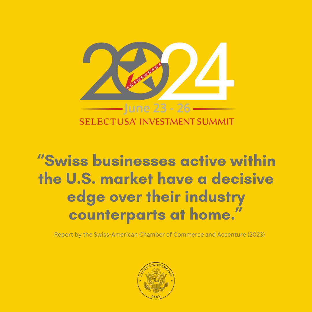 🇨🇭 Calling all Swiss businesses! 🇺🇸 Don’t miss out on the opportunity to gain a competitive edge in the US market. Join the 2024 @SelectUSA Investment Summit in National Harbor, MD, on June 23-26. Apply now to attend: ow.ly/XtSQ50Rvwqo #SelectUSA #InvestmentSummit