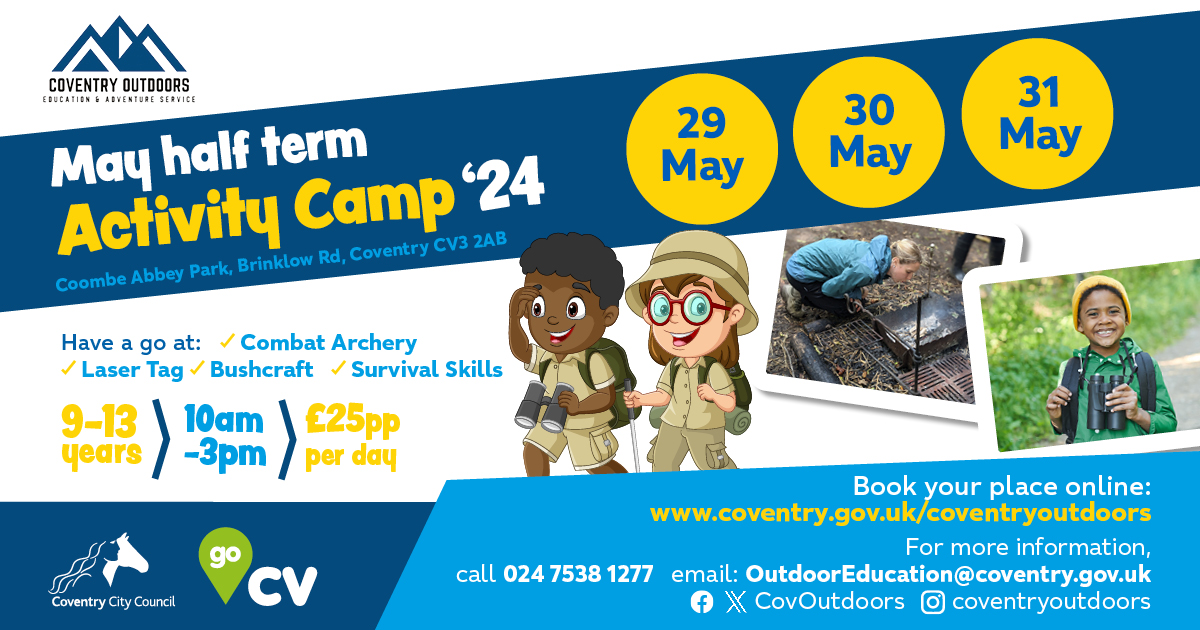 NEW OFFER - BOOKINGS NOW OPEN 🎯 🤼‍♀️ 🌳 🔥 10% off Outdoor Activity Camps for ALL @GoCVcard members ⚠ Find the promo-code in your Go CV account under 'news' Wed 29 to Fri 31 May: 10am–3pm, 9-13 years Book - orlo.uk/5LPXs @coventrycc Book - orlo.uk/bvg0B