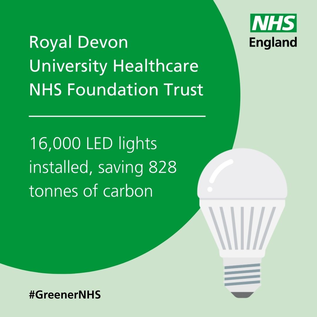 Greener NHS (@greenernhs) on Twitter photo Huge savings have been made by <a href="/RoyalDevonNHS/">Royal Devon NHS</a>, who have installed over 16,000 LED lights across the trust, a yearly saving of approximately £1.2m in energy costs, 4.2m kWh of electricity, and 828 tonnes of carbon emissions.
Find out more 👇
royaldevon.nhs.uk/about-us/susta…
#GreenerNHS Huge savings have been made by <a href="/RoyalDevonNHS/">Royal Devon NHS</a>, who have installed over 16,000 LED lights across the trust, a yearly saving of approximately £1.2m in energy costs, 4.2m kWh of electricity, and 828 tonnes of carbon emissions.
Find out more 👇
royaldevon.nhs.uk/about-us/susta…
#GreenerNHS