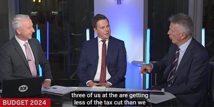 David Gazard, Scott Morrison's mate on #afternoonbriefing for the zillionth time: 'I would say all three of us on the panel are getting less of a tax cut than we would have got under Scott Morrison.'