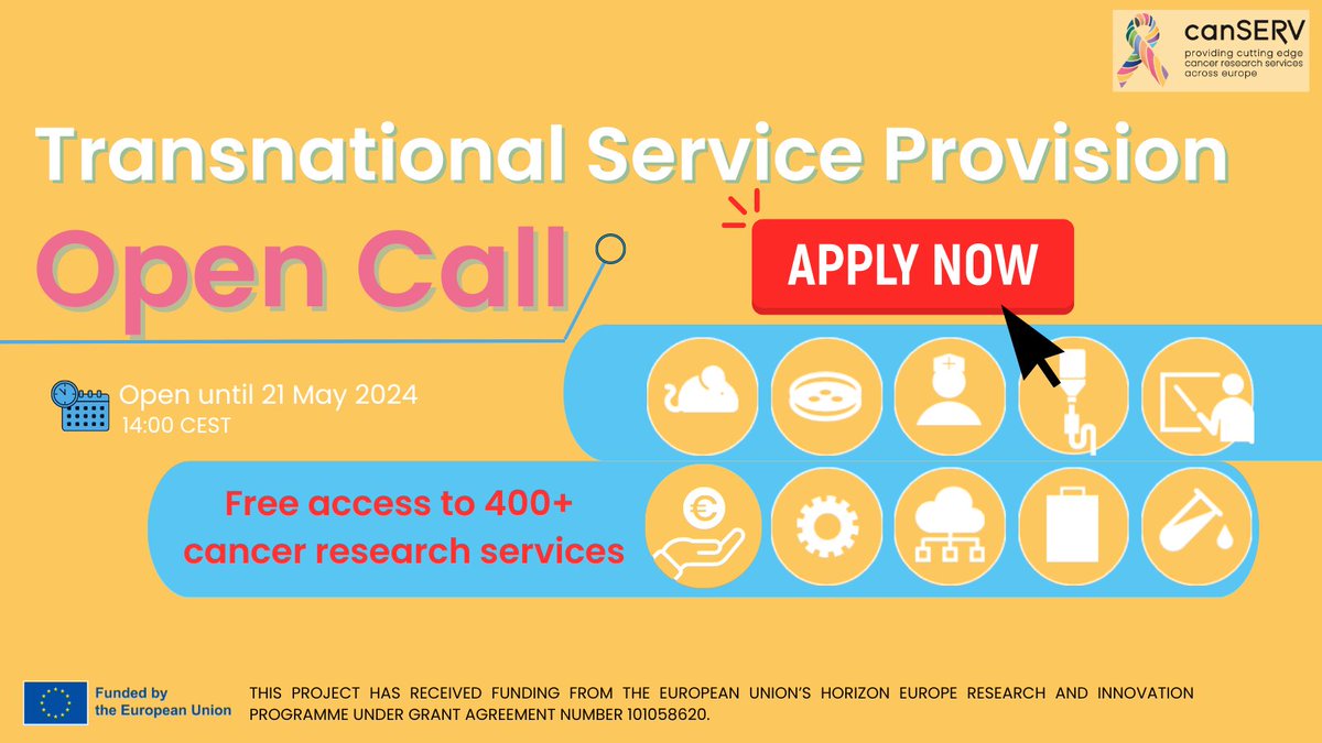 ⚠️ Hurry up! Only 1️⃣week left to APPLY for #canSERV_EU’s #OpenCall  ✍️

⏰Submission deadline is 21 May, 14:00 CEST

✍️ All cancer researchers  in and outside the EU 🌍 can apply for free access to cutting-edge technologies. 
 
🤔canserv.eu/calls/open-cal…

#researchservices