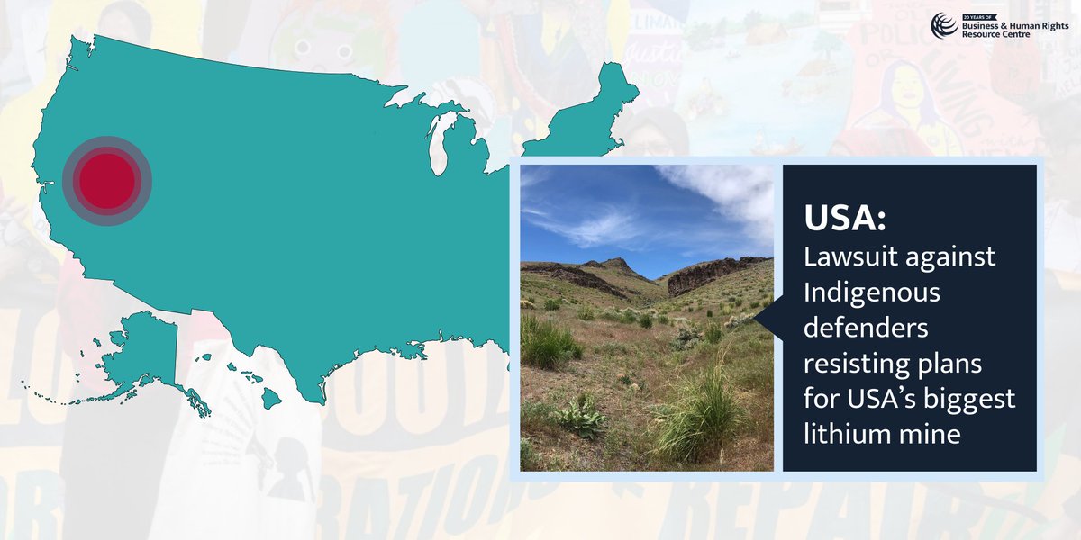 Business & Human Rights (@bhrrc) on Twitter photo One way companies can be involved in attacks is by bringing lawsuits against critics.
Lithium Nevada Corporation sued 7 people & <a href="/ProtectThPass/">Protect Thacker Pass</a> seeking millions in damages & a ban from Thacker Pass Lithium Mine construction sites. 2/
Company's response: business-humanrights.org/en/latest-news… One way companies can be involved in attacks is by bringing lawsuits against critics.
Lithium Nevada Corporation sued 7 people & <a href="/ProtectThPass/">Protect Thacker Pass</a> seeking millions in damages & a ban from Thacker Pass Lithium Mine construction sites. 2/
Company's response: business-humanrights.org/en/latest-news…