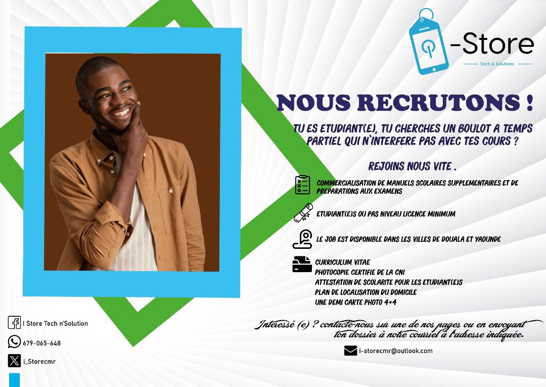 ‼️🚨JOB OPPORTUNITY🚨‼️🚨
Rejoins notre équipe de travail et rentabilise tes journées libres !!
Que tu sois à Yaoundé ou à Douala tu peux te faire du riz !😎👌🏾