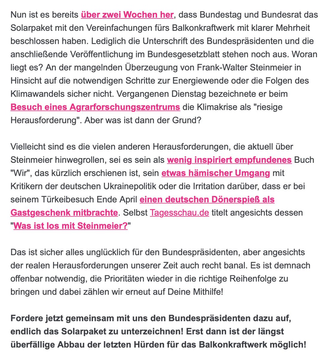 Es ist alles ein bissle seltsam: Der #bundespräsident (nicht bei X aber seine Sprecherin: @BPrSprecherin) hat das #Solarpaket noch nicht unterzeichnet. Warum?