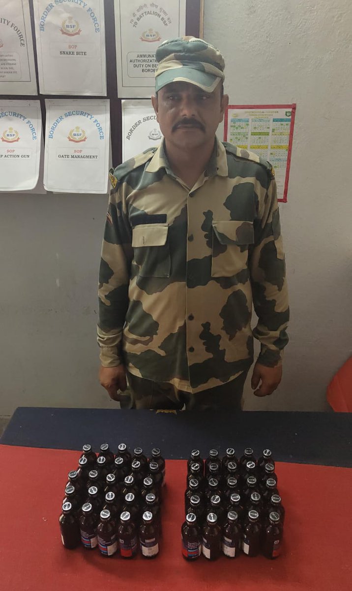 13.05.2024

In different incidents,#AlertBSF Troops of  @BSF_SOUTHBENGAL,while performing operational duties at International border of #WestBengal, foiled drugs smuggling attempts and seized 310 bottle Phensedyl & apprehended a smuggler red-handed.
#BSFagainstDrugs
#JaiHind