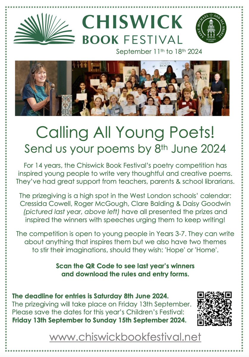 Calling all teachers, parents and school librarians! Please share with your young poets! Thanks to @ChiswickW4 and our other #ChiswickBookFest supporters. See more at chiswickbookfestival.net.