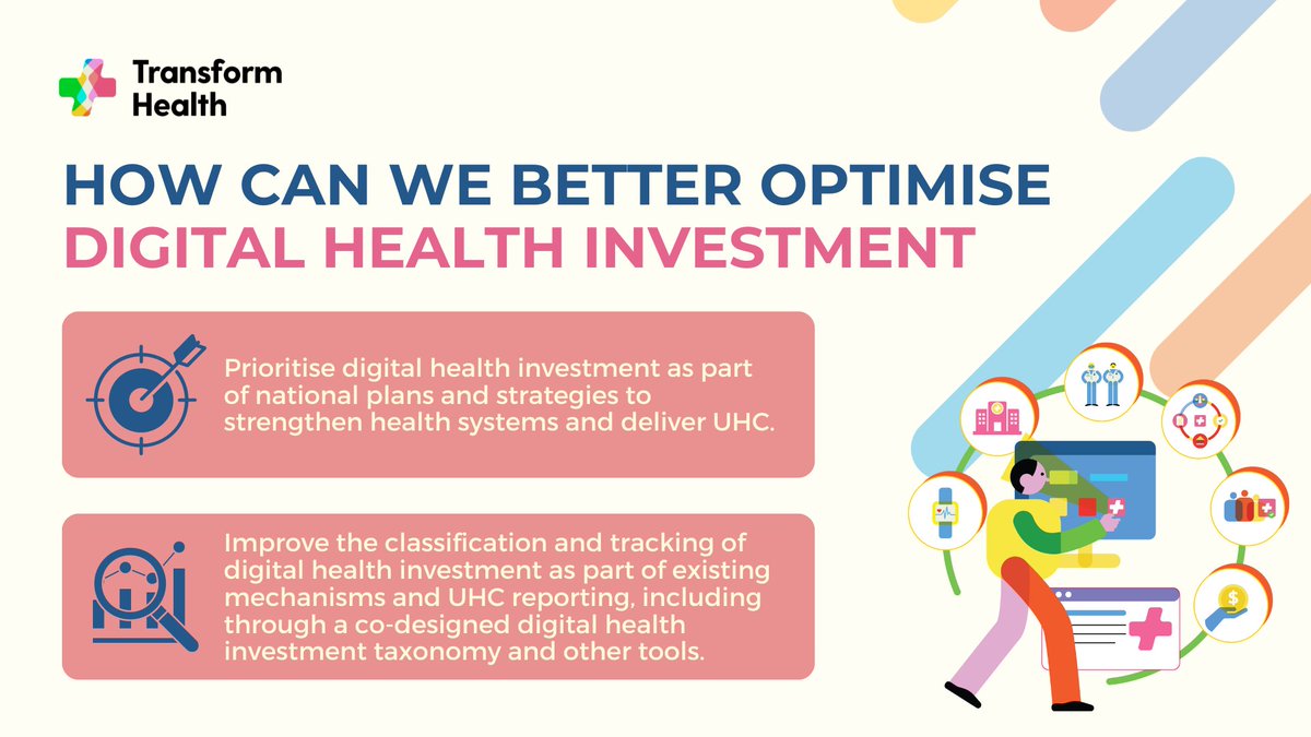 To optimise #digitalhealthinvestment we must: ➡ Prioritise digital health investment as part of national plans & strategies ➡ Improve the classification & tracking of digital health investment @trans4m_health & partners are calling for action towards this agenda during #WHA77