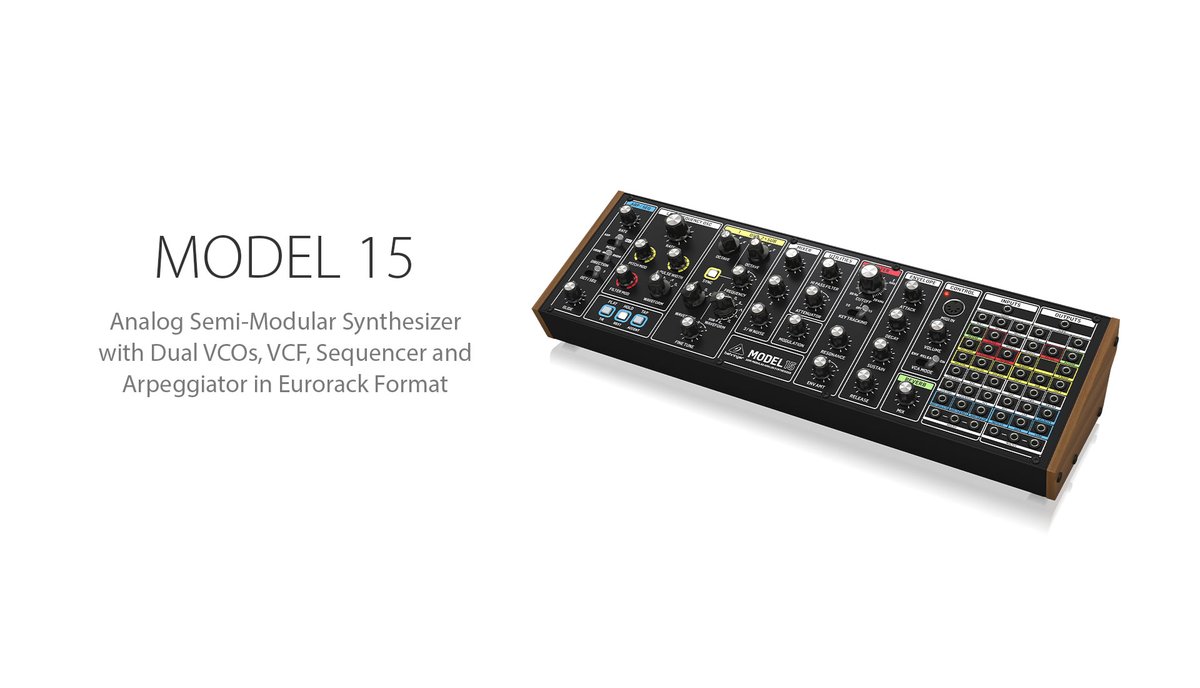 MODEL 15
🔗bit.ly/Behringer-MODE…

Hear the sound of the legendary Model 15 with the Behringer MODEL 15. This authentic recreation of a classic is an analog, semi-modular synthesizer featuring dual VCOs, VCF, sequencer, and arpeggiator, all in a Eurorack format.