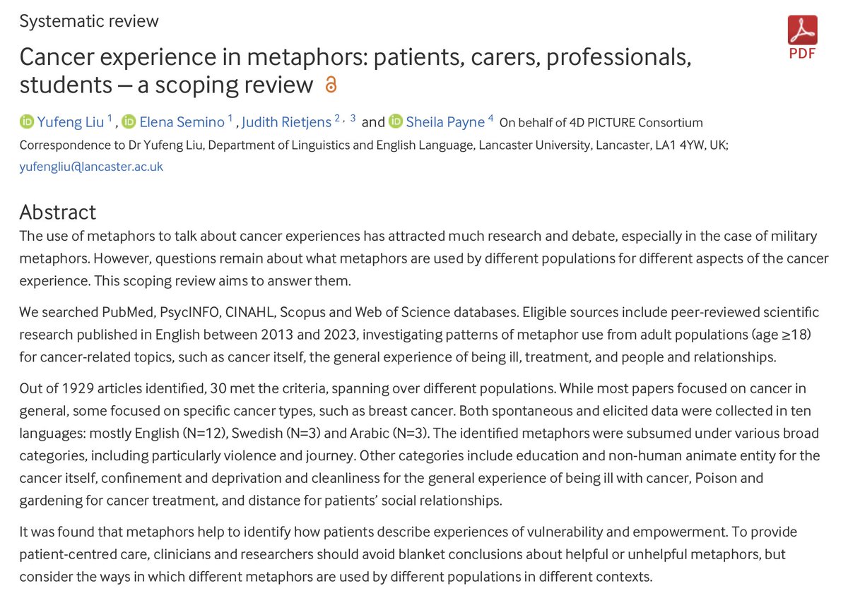 'Cancer experience in metaphors: patients, carers, professionals, students – a scoping review' spcare.bmj.com/content/early/…

New open access paper in @BMJ_SPCare with @_KikiLiu @SheilaPayne1 @JudithRietjens as part of the @4dPicture project 4dpicture.eu