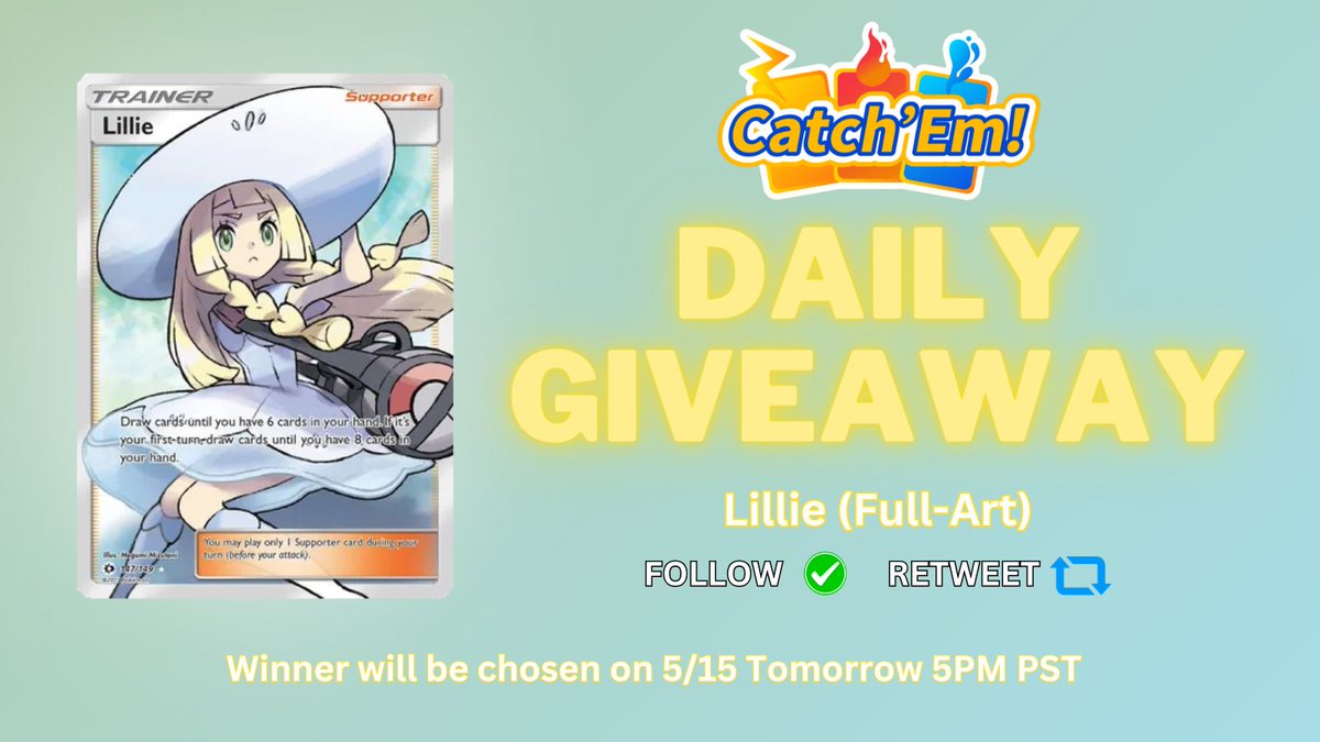 🤍Daily Giveaway🤍

Win a Full-Art Lillie👒

Also, 3 people will win a 2,000 point coupon for our website! 🎉🎉🎉

To enter the draw:
🤍Follow 📲
🤍Repost 🔁

Winner announced 5/15, TOMORROW‼️

Check out our site 👇👇👇
catchem.net/?utm_source=tw…