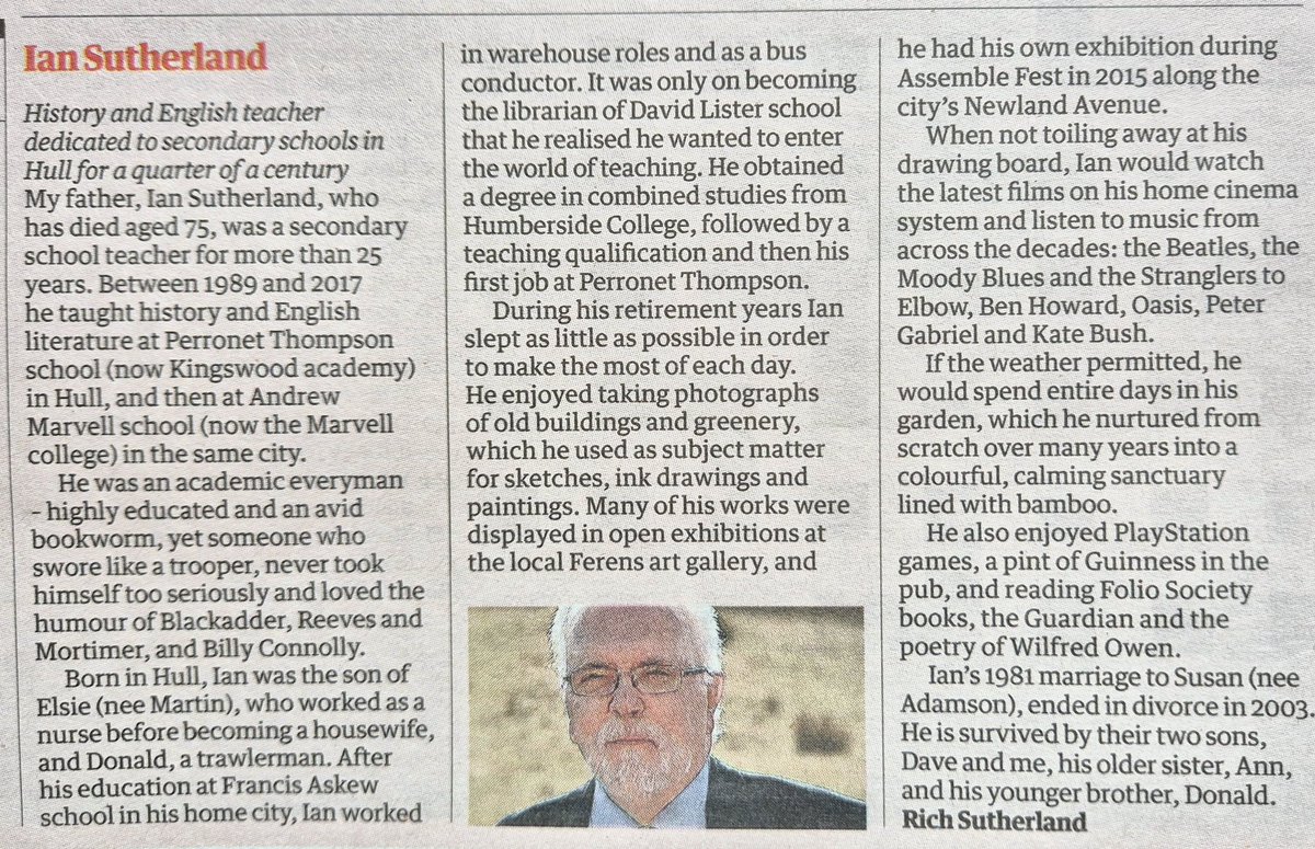 Yesterday I received an unexpected but very welcome email from the Guardian. My dad's obituary, which was published online in March, is in today's printed edition (page 11 of the Journal section). It's amazing to know that so many more people will get to read about his life. ❤️