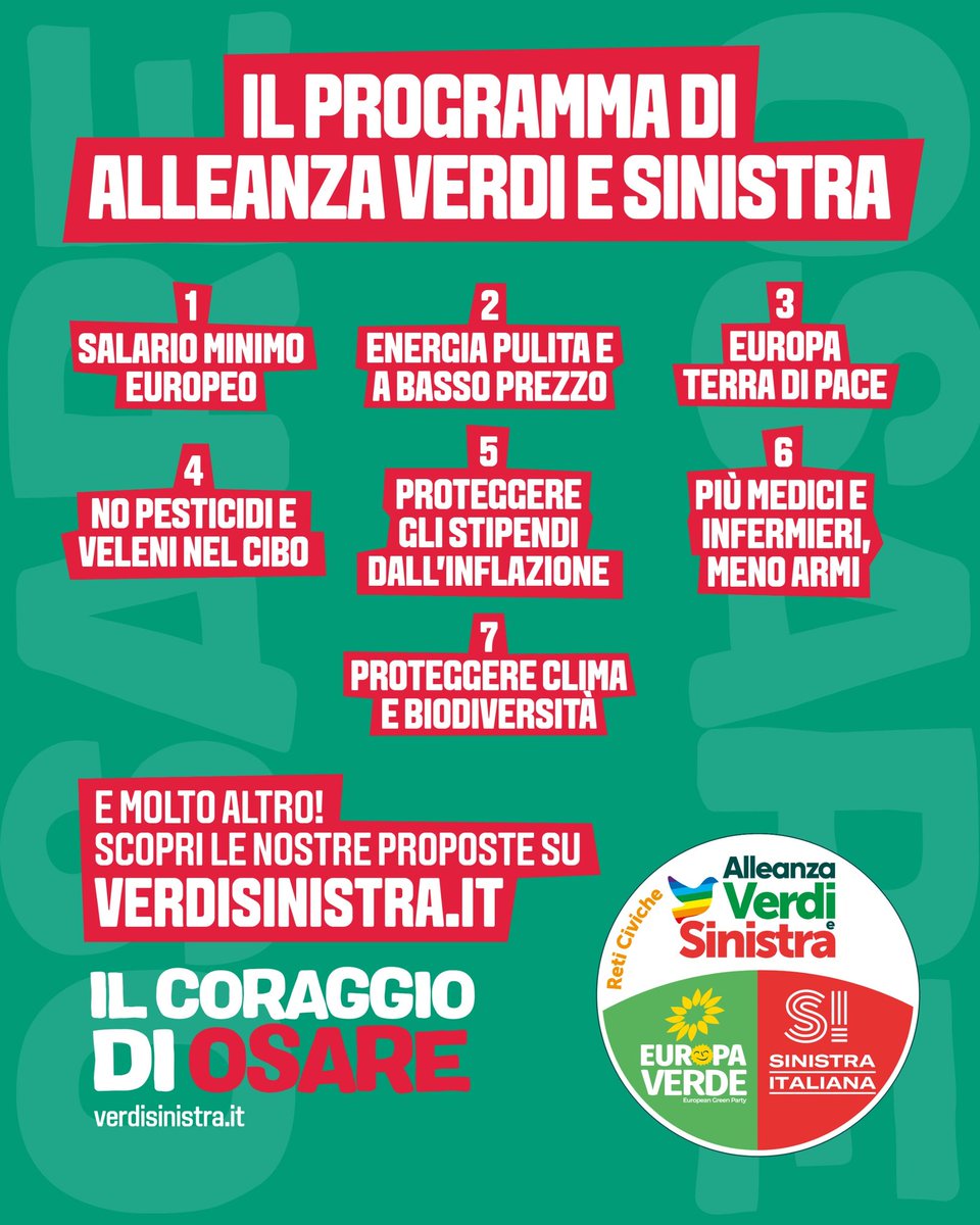 Le nostre priorità per un'Europa migliorare. L'8 e 9 giugno scegli #IlCoraggioDiOsare e vota Alleanza Verdi e Sinistra. 🟢🔴 Scopri tutte le nostre proposte su verdisinistra.it #AlleanzaVerdiSinistra #Elezioni #Europee2024