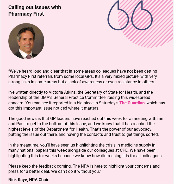 Great advocacy by @nkpharmacy @PaulReesMBE from @NPA1921 to get constructive conversation with GP Leaders this week &raising the issues with @VictoriaAtkins . As Nick says'That’s the power of our advocacy,putting the issue out there&having the contacts&trust to get things sorted