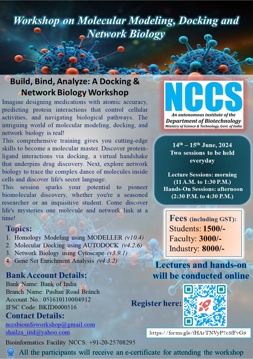 We encourage students and researchers interested in learning #MolecularModeling, #docking and #NetworkBiology to apply for this #workshop. Please see the flyer and scan the QR code for details. @DBTIndia