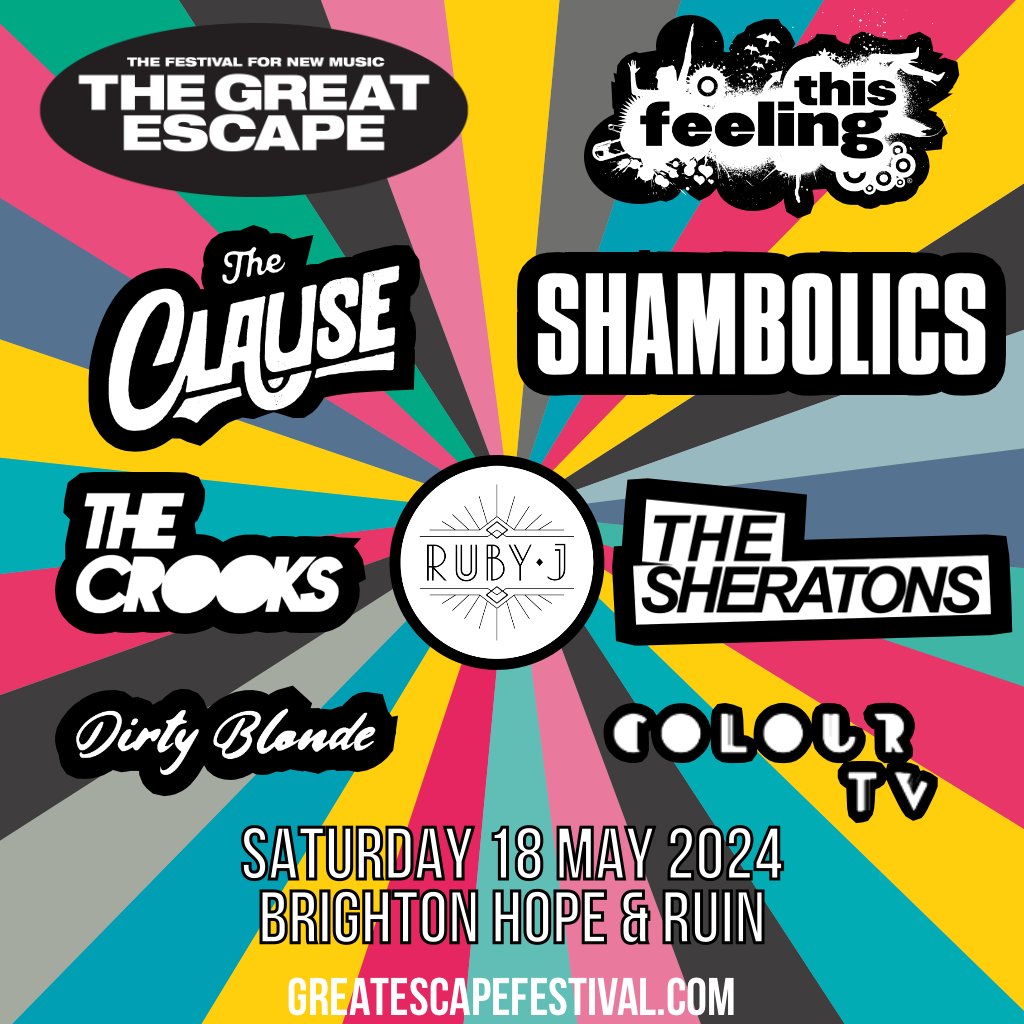 Coming up this week : Saturday 🎸 Brighton @thegreatescape x @thehopeandruin w/ @theclauseuk @shambolicsmusic @TheCrooksUK @rubyjofficial @TheSheratonsUK @weredirtyblonde & @onourcolourtv 🎟 greatescapefestival.com 🎶open.spotify.com/playlist/4ZNgT…