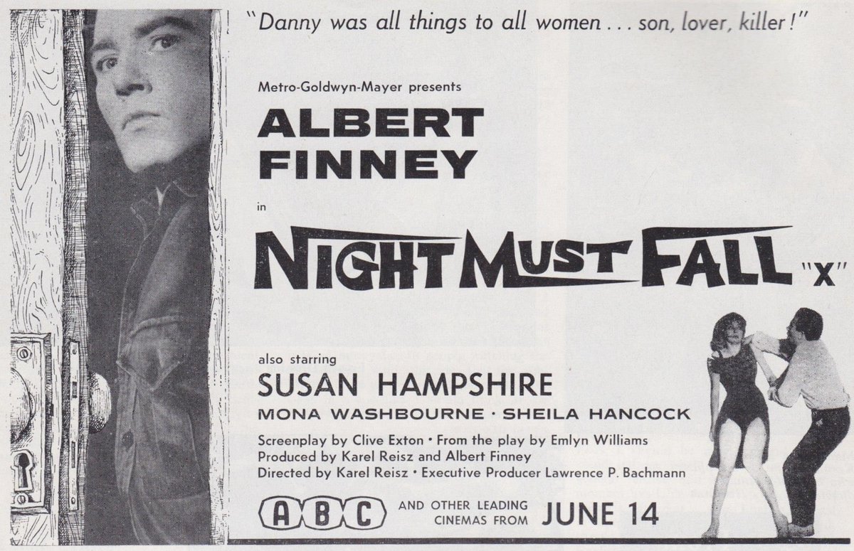 Sixty years ago today, Night Must Fall opened at the Empire Leicester Square before rolling out to the ABC circuit cinemas the following month... #NightMustFall #1960s #film #films #AlbertFinney #SusanHampshire #KarelReisz #EmlynWilliams