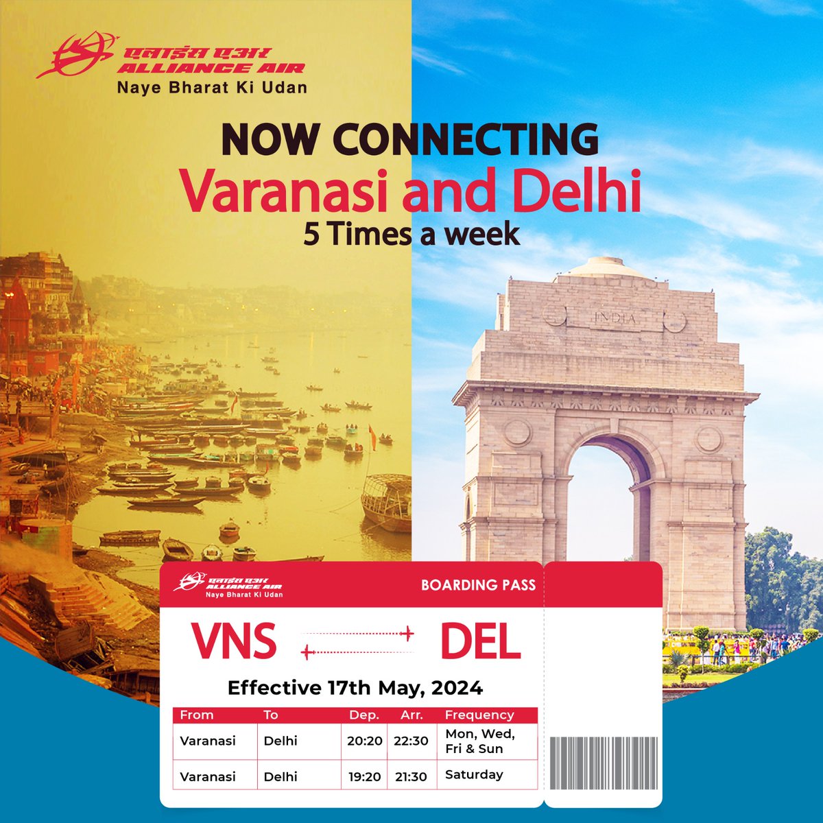 Now, enjoy improved connectivity between Varanasi and Delhi at low prices. For bookings- allianceair.in/book or please contact +91-4442554255 or +91-4435113511 #AllianceAir #Explore #Travel #YourWindowToIndia #aviation #must #dekhoapnadesh #india #varanasi #delhi