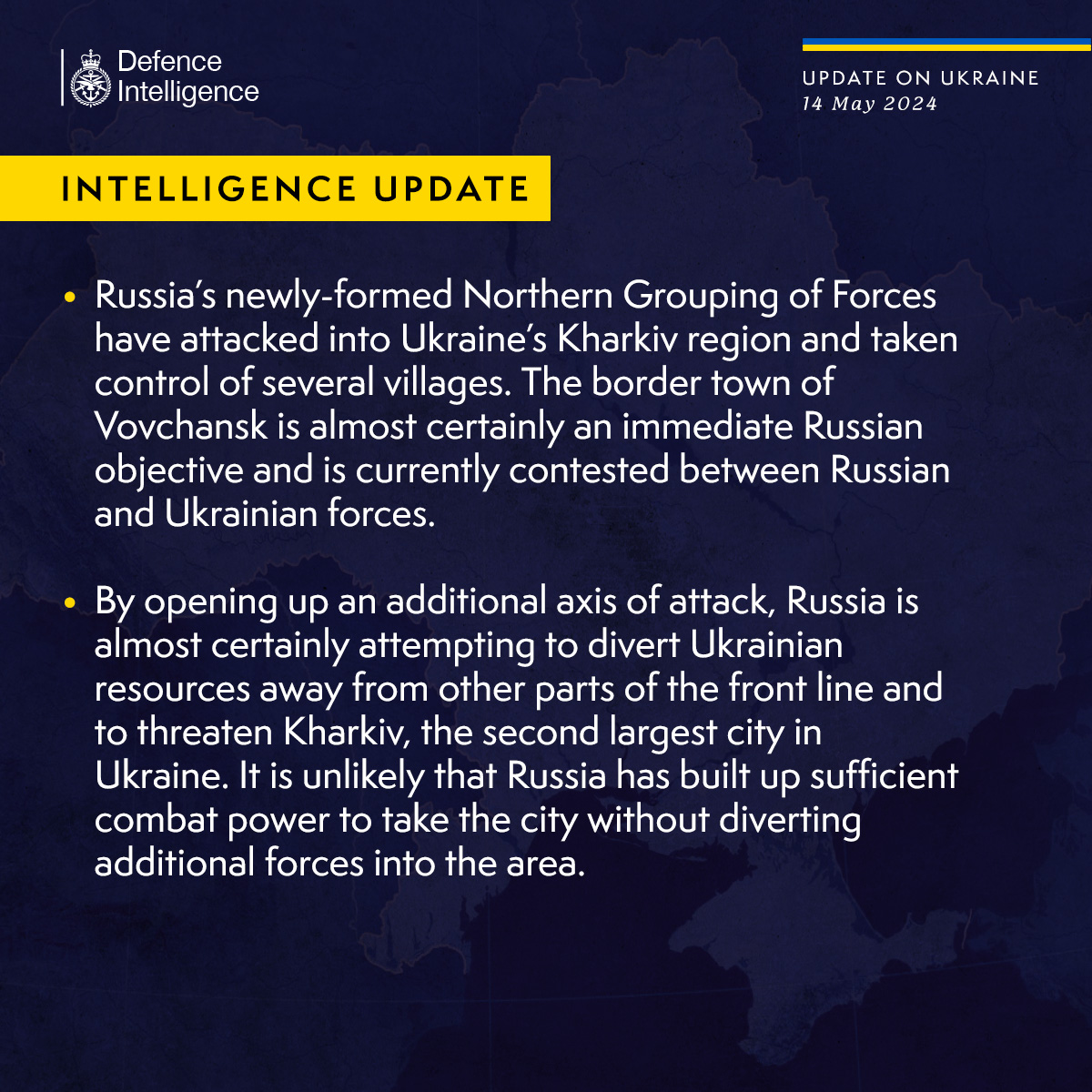Latest Defence Intelligence update on the situation in Ukraine – 14 May 2024. Find out more about Defence Intelligence's use of language: ow.ly/O3n650RCJmZ #StandWithUkraine 🇺🇦