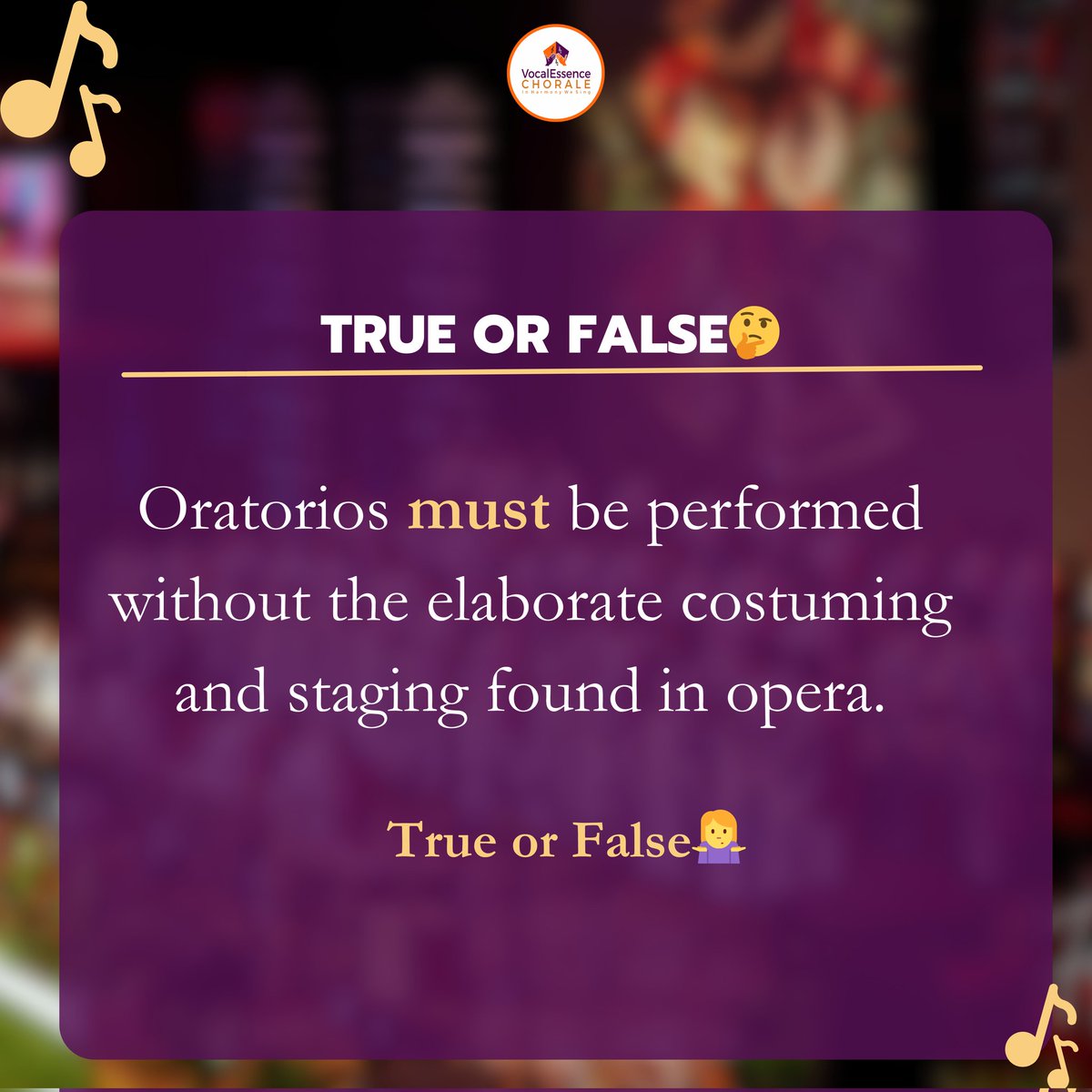 It's time for #TuesdayTriva 🧠

Is this statement TRUE or FALSE? 🤔

Comment your thoughts below💬👇 

#Trivia #TuesdayTrivia #Choirs #Music #Opera #Oratorio #vecghana