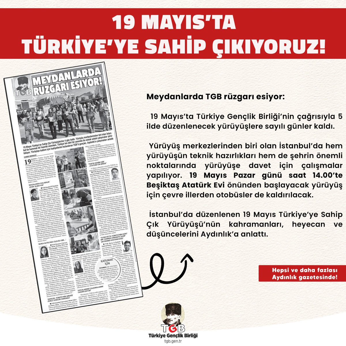 📌 Meydanlarda TGB rüzgarı esiyor: 19 Mayıs'ta Türkiye'ye Sahip Çıkıyoruz! ➡️ ‘GENÇLİK, TÜRKİYE’NİN GİRDİĞİ ZORLU SÜRECİN FARKINDA’ ➡️ YÜRÜŞLERE KATILMAK İÇİN NE YAPMAK GEREKİYOR Hepsi ve daha fazlası Aydınlık gazetesinde! 🗞️@AydinlikGazete aydinlik.com.tr/haber/19-mayis…