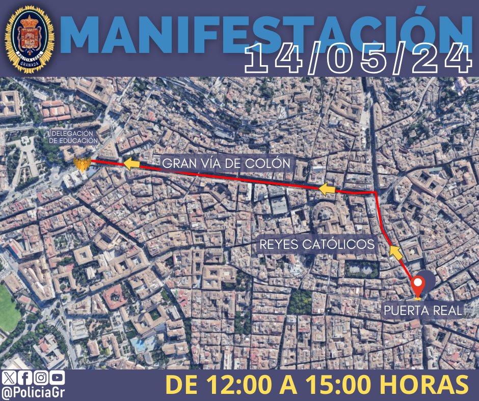 📢AVISO‼️ Hoy, de 12:00 a 15:00 horas, hay convocada una #MANIFESTACIÓN con recorrido desde Puerta Real de España a Gran Vía de Colón, frente a la Delegación de Educación de la Junta. El itinerario previsto generará cortes y desvíos de tráfico en las vías y accesos al recorrido.