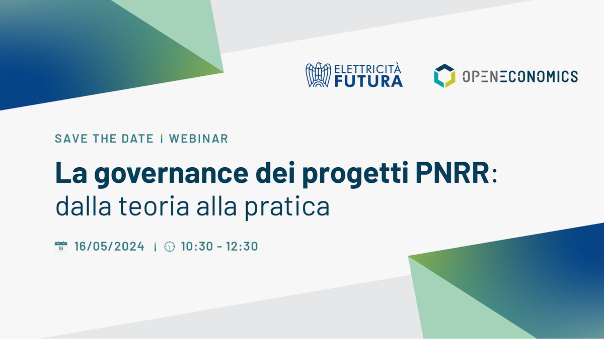 Aperte le iscrizioni per partecipare al #webinar “La governance dei progetti #PNRR: dalla teoria alla pratica' organizzato da #ElettricitàFutura in collaborazione con OpenEconomics @18552Open. Appuntamento giovedì 16 maggio dalle 10:30, per iscriversi: tinyurl.com/496m6jwu