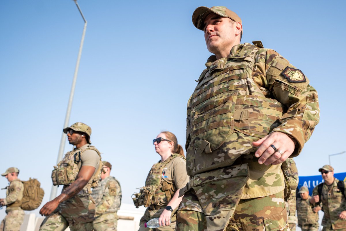 Yesterday, Police Week began with the 379th Expeditionary Security Forces honoring fallen security forces defenders in a memorial ruck 5-mile march. They'll showcase skills & endurance in sports matches & the Defenders Challenge later this week. @CENTCOM | @usairforce
