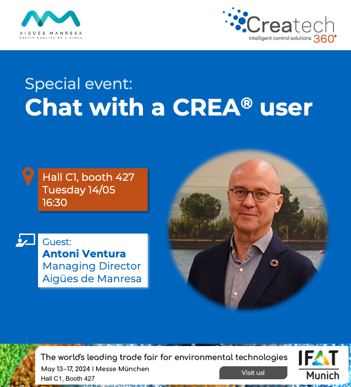 Avui Antoni Ventura-Ribal, gerent d’Aigües Manresa, participa en una sessió de chat a l’estand de l’empresa
<a href="/Createch360/">CREAtech360°</a> de la fira IFAT a Munich per parlar de l’experiència de treballar amb ells.

#IFAT2024 #sostenibilitat