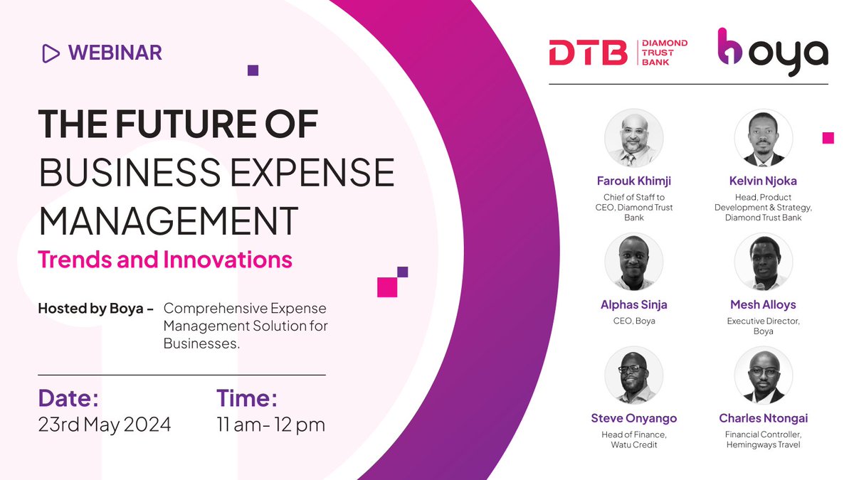 Tired of manual expense reports and inefficient spending processes? Join us as we delve into the future of business #expensemanagement!

Uncover the latest trends and innovations with exemplary industry experts Farouk Khimji, ACSA and Kelvin Njoka from Diamond Trust Bank during