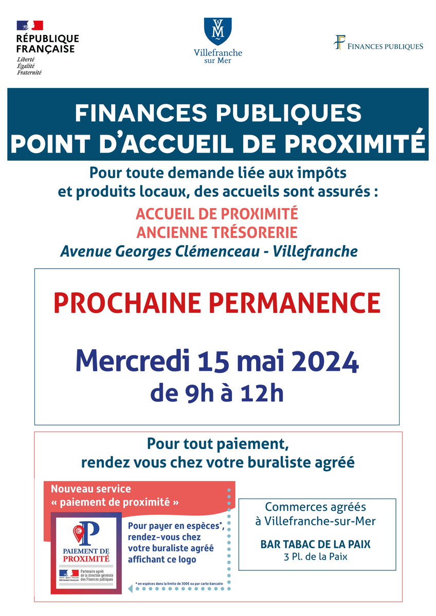 📅[𝐏𝐞𝐫𝐦𝐚𝐧𝐞𝐧𝐜𝐞 𝐝𝐞𝐬 𝐅𝐢𝐧𝐚𝐧𝐜𝐞𝐬 𝐏𝐮𝐛𝐥𝐢𝐪𝐮𝐞𝐬] ❗La prochaine permanence des Finances Publiques se tiendra ce 𝒎𝒆𝒓𝒄𝒓𝒆𝒅𝒊 15 𝒎𝒂𝒊, 𝒅𝒆 9𝒉 𝒂̀ 12𝒉. 📍Espace France Services au 81, av. G. Clémenceau et sans rendez-vous.