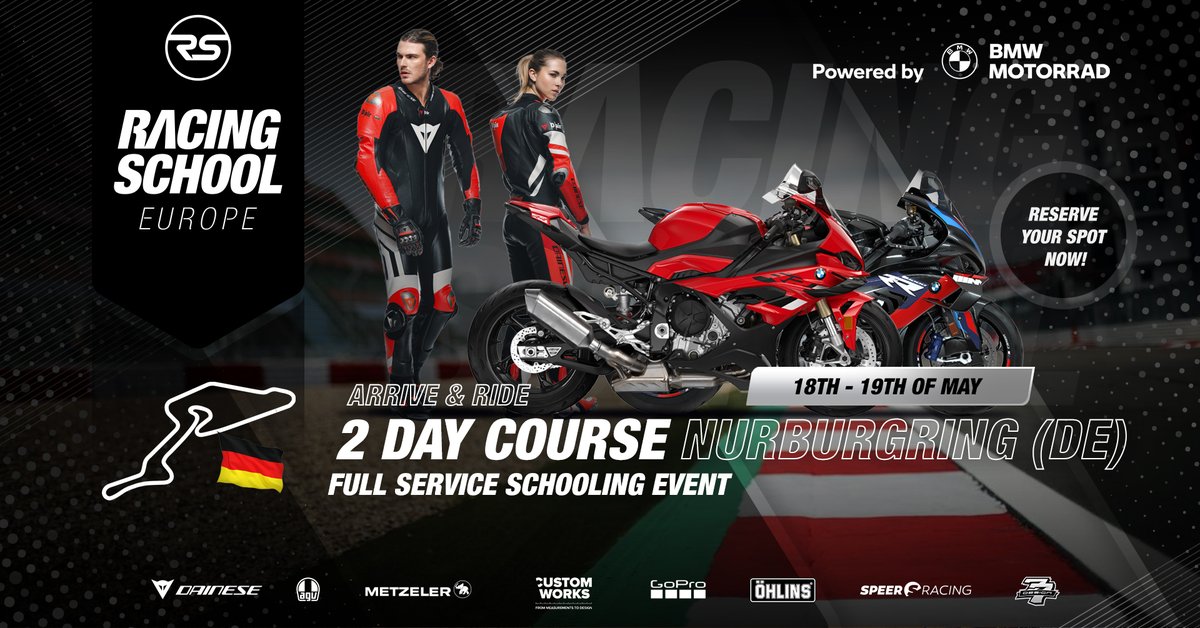The 18th - 19th of May takes us to the legendary Nürburgring GP variant with our 2 day course!
Full service schooling event, Arrive & Ride the RR and get a test ride on the M 1000 RR !
racing-school-europe.com

#s1000rr #rr #sbk #ride #bmwmotorrad