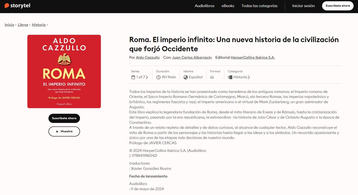 Roma, El imperio infinito. Una obra de Aldo Cazzullo. Publicada por @HarperCollinsIB , producida por @estudio_khzdb y narrada por un servidor de ustedes. Ya disponible en plataformas de audiolibros. :)