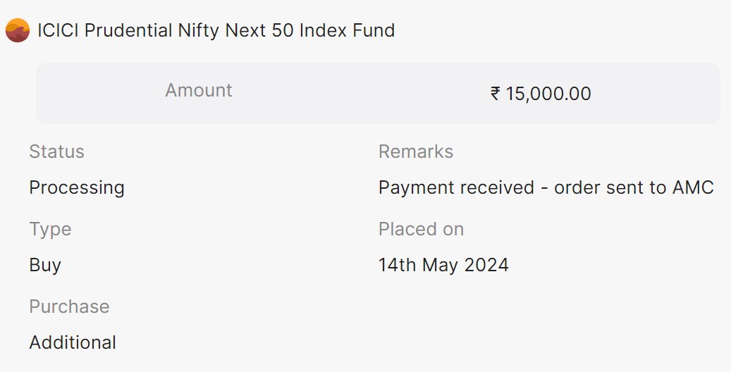 Just bought ₹15,000 worth of ICICI Prudential Nifty Next 50 Index Fund units.

As usual, will keep accumulating Mutual Fund units regardless of the price & the noise.

Small small steps = Financial Freedom 🌞