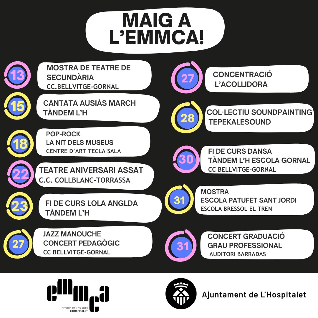 🌸🌦️🎶🎭🩰Maig a l'@EMMCACentreArts! 
🔜La Nit dels Museus amb pop-rock, teatre, música, dansa i el concert de graduació del grau professional! També s'acosten les mostres i concerts de final de curs! Moltes activitats en aquest últim trimestre! 
#EMMCACentreArts #LHospitalet