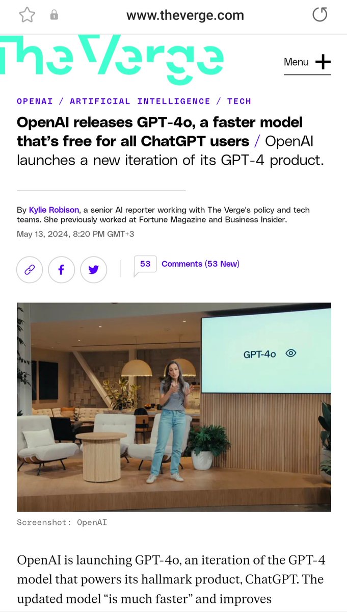 #اخبار #الذكاء_الاصطناعي

تعتزم شركة #OpenAI طرح نسخة  جديدة محدثة من #ChatGPT بأسم  '#GPT_4o' ويمكن لهذا النموذج إجراء محادثة صوتية واقعية والتعامل مع النصوص والصور.

وتتيح الإمكانيات الصوتية الجديدة للمستخدمين التحدث إلى النموذج والحصول على ردود في الوقت الفعلي دون أي تأخير،