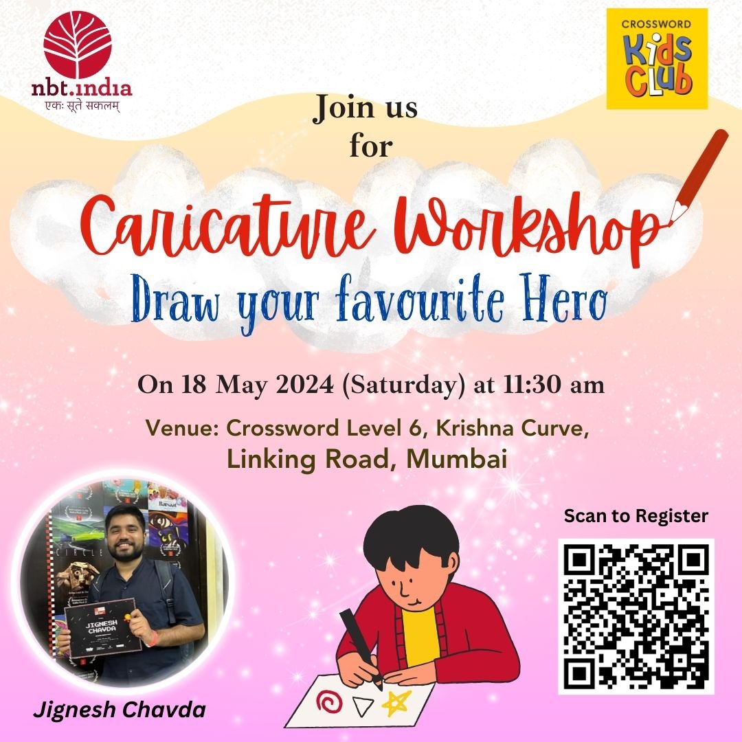 Flex your creative muscles and learn how to draw your favorite hero at an exciting Caricature Workshop with Jignesh Chavda, organized by the National Centre for Children’s Literature (NCCL) @nbt_india in collaboration with Crossword @crossword_book. 🗓 18 May 2024 🕰 11:30am