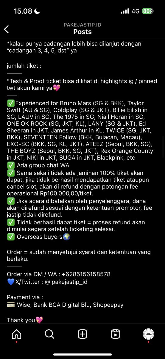 Open Jastip/ Ticketing Service for OLIVIA RODRIGO : GUTS World Tour in Singapore (Livenation Presale & General Sale)

Fee IDR 450k/tix (DP 100k/tix)

✅gc WA
✅Experienced: Taylor Swift (AU & SG), Coldplay (SG & JKT), Bruno Mars (SG & BKK), etc
🌎Intl cust
📌proofs rep

DM