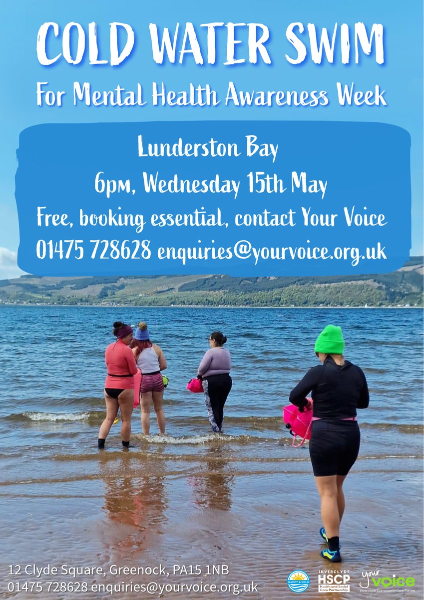 Enjoy a FREE Cold Water Swim this Wednesday for #MentalHealthAwarenessWeek 😊🏊‍♀️

Spaces are limited and booking is essential, so get in touch!

01475 728628
enquiries@yourvoice.org.uk

@HappyandWild1 @Inverclyde @InverclydeHSCP #coldwatertherapy #InverclydeCares #Inverclyde