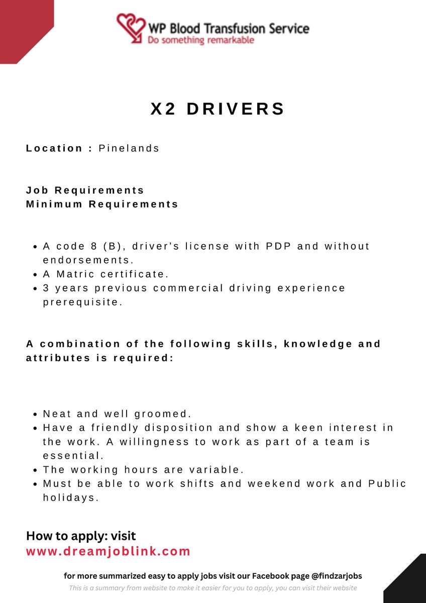 🔌(NEW) X2 DRIVERS

Pinelands

R12 000 per Month

Requirements
Grade 12

For more details and how to apply, Click the link below and go to “All jobs”

✍ APPLY HERE dreamjoblink.com