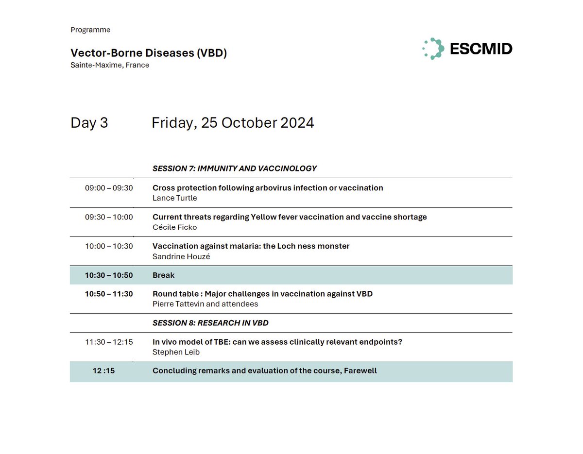 Discover the 3-days program of our upcoming @ESCMID postgraduate course on Vector-Borne Diseases. Registration is now open at➡️escmid.org/event-detail/v… #VBD #PostGraduateCourse #France